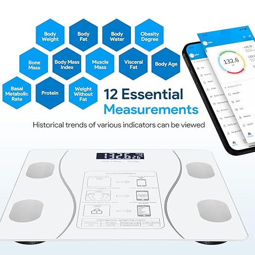 Digital Simple and Practical Body Fat Scale with Smartphone App, Bathroom Scale with Led Display - White