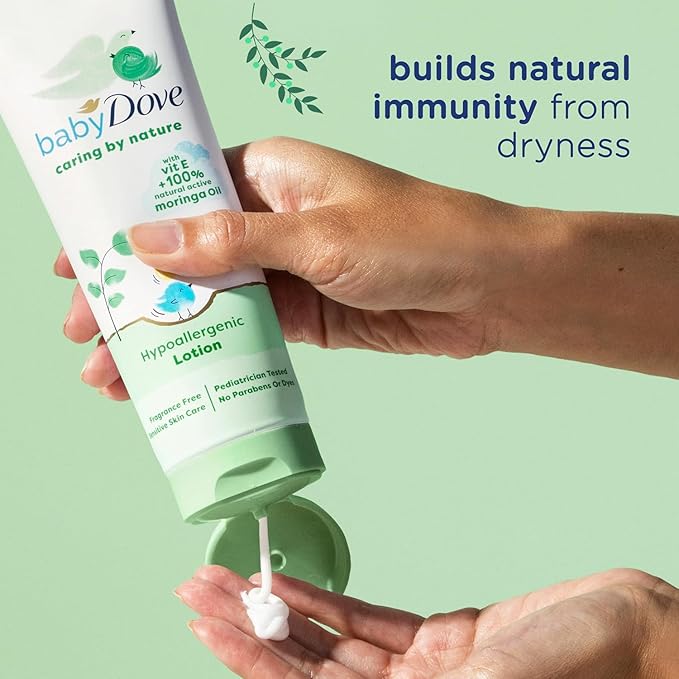 Dove Baby Oil & Baby Lotion, Caring by Nature – Hypoallergenic Oil & Lotion, Nourishing Moringa Oil & Vitamin E Oil for Skin, Fragrance Free, 8 Oz Ea (2 Piece Set)