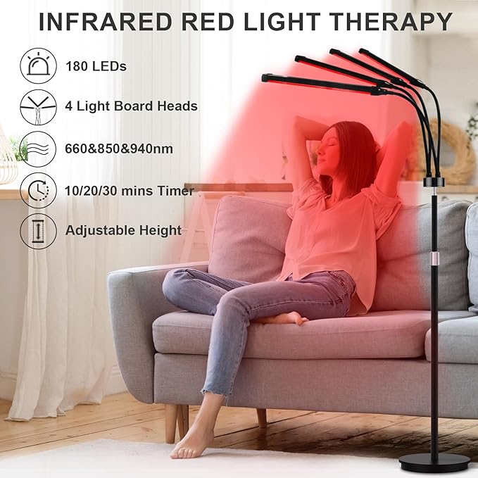 180LEDs Red Light Therapy Lamp with Stand, 660nm &850nm &940nm Near Infrared Light Device for Body & Face