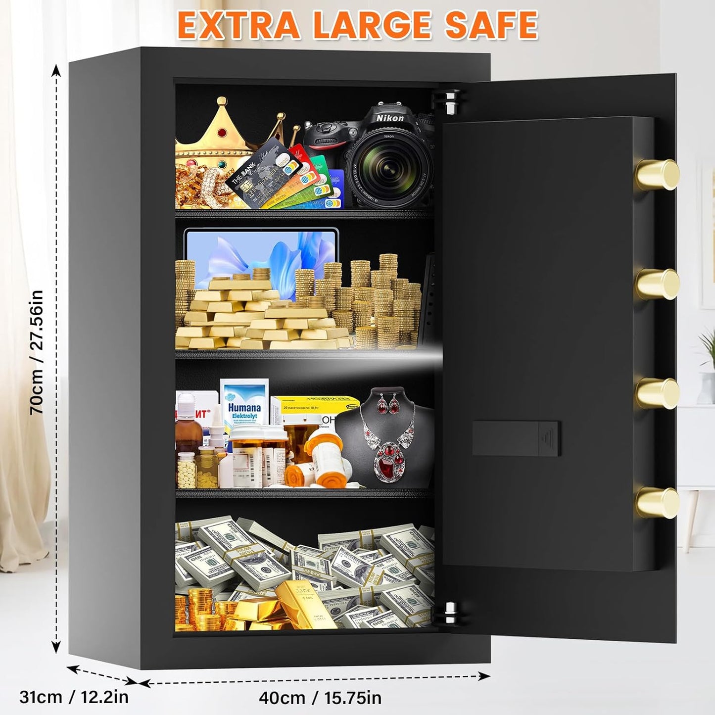 6.1 Cuft Large Fire proof Safe for Home Documents, Home Safety Box Fireproof Waterproof with Fireproof Bag, Digital Personal Security Safe with Electronic Keypad Keys and Removable Shelf