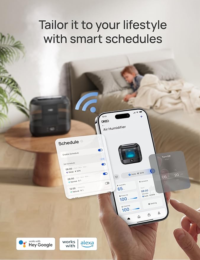 Dreo Smart Humidifiers for Bedroom, Top Fill 4L Supersized Cool Mist Humidifier with Nightlight, 32H Runtime, Touch/APP/Voice Control, 28 dB Quiet Ultrasonic Humidifiers for Large Room, Baby, Plants
