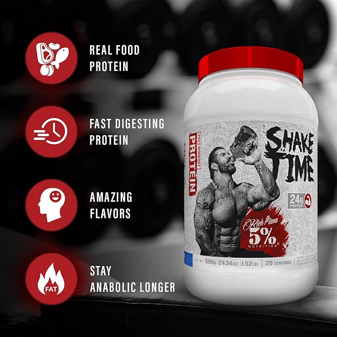 5% Nutrition Rich Piana Shake Time | 26G Animal Based Protein Drink | Grass-Fed Beef, Chicken, Whole Egg | No Sugar, Dairy, or Soy | (Peanut Butter)