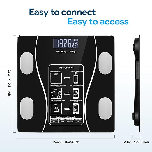 Digital Simple and Practical Body Fat Scale with Smartphone App, Bathroom Scale with Led Display (Black)