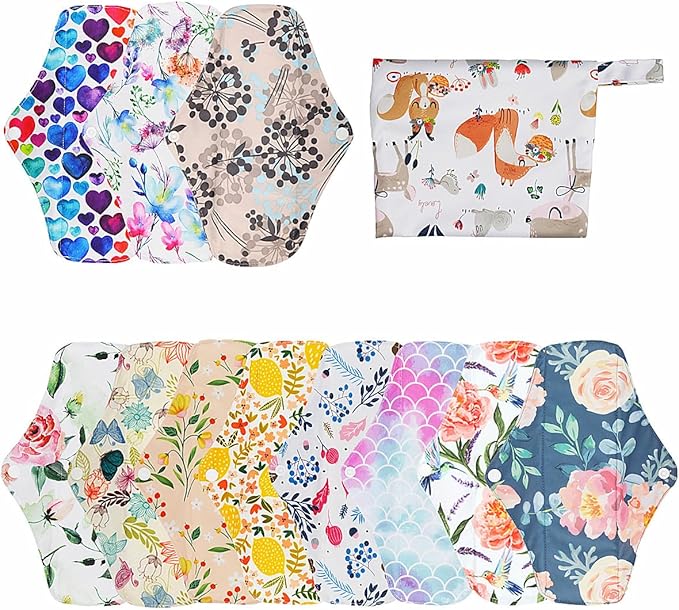 12 Pieces Cloth Menstrual Pads,Reusable Sanitary Pads,Size 10 inch Regular,Unscented