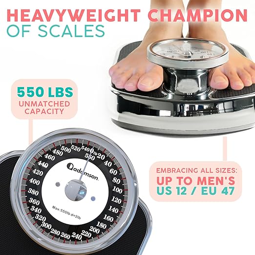Adamson A28 Bathroom Scales - Up to 550lb, Heavy Weight, Anti-Skid Rubber Surface, Extra Large Numbers - High Precision Weighing Scales for Body Weight - Durable with 20-Year Assurance - New Version