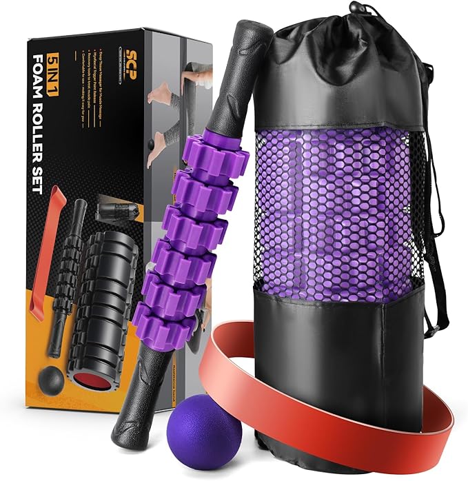 5 in1 Foam Roller Set, Trigger Point Foam Roller, Massage Roller Stick, Massage Ball, Resistance Band for Deep Muscle Massage Pilates Yoga,Fitness Exercise for Whole Body (Purple)