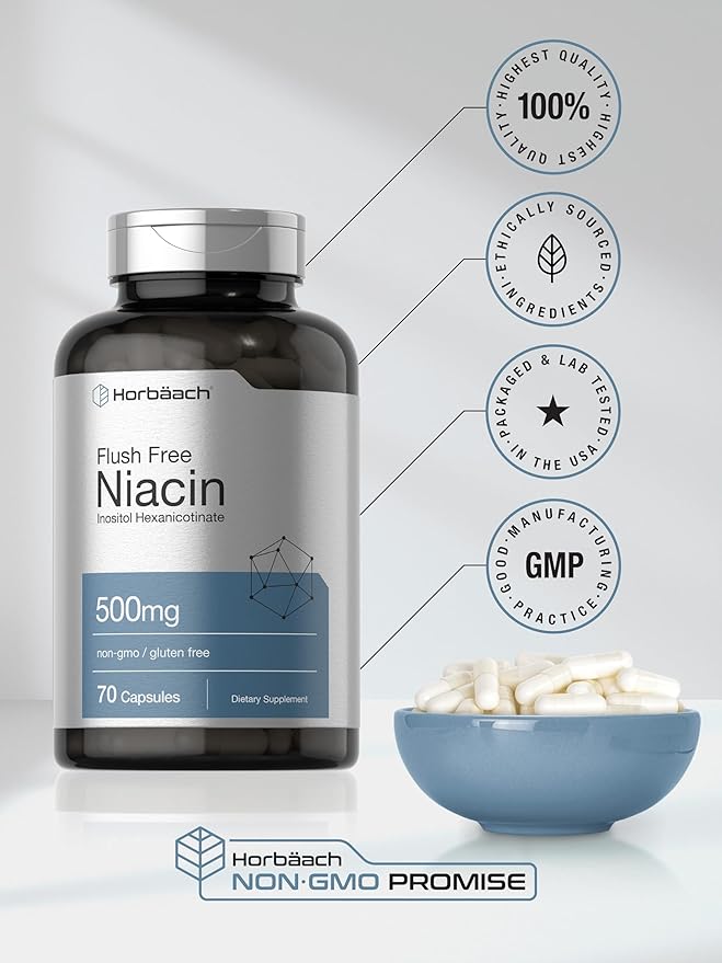 Horbaach Niacin 500mg | 70 Capsules | Flush Free Supplement | as Inositol Hexanicotinate | Non-GMO and Gluten Free