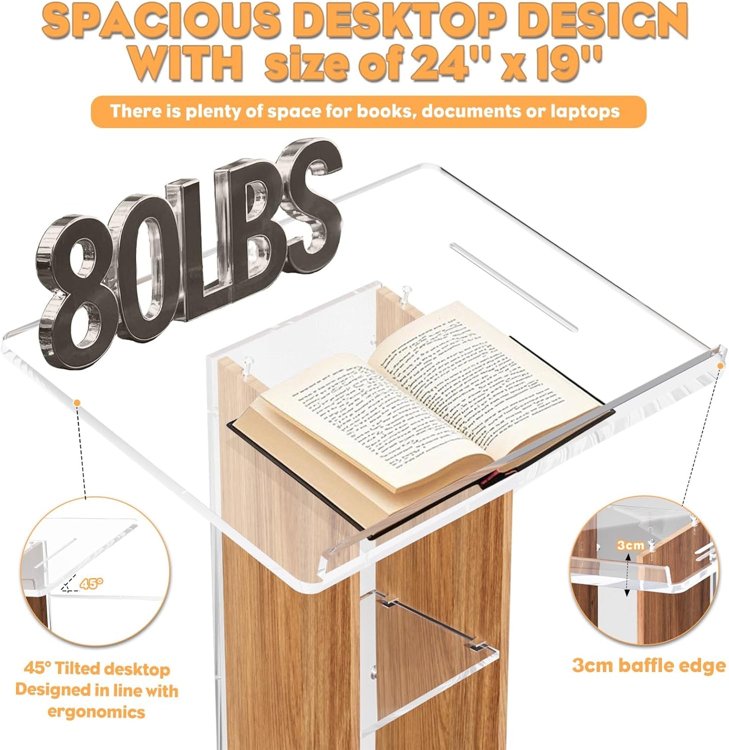 Acrylic Podium Stand, Ultra Clear 43'' Pulpits for Churches with 15 Color Adjustable, Modern Lectern with Storage Sheld for Church,Conference,Speech, 23.62”x 15.75”X 43.3” (Style 1)