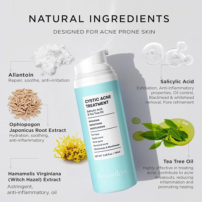 Cystic Acne Treatment for Face: Hormonal Acne Treatment Cream for Teens & Adults - Salicylic Acid & Tea Tree Oil Pimple Spot Remover - Anti-Acne Moisturizer Reduces Redness, Blemishes