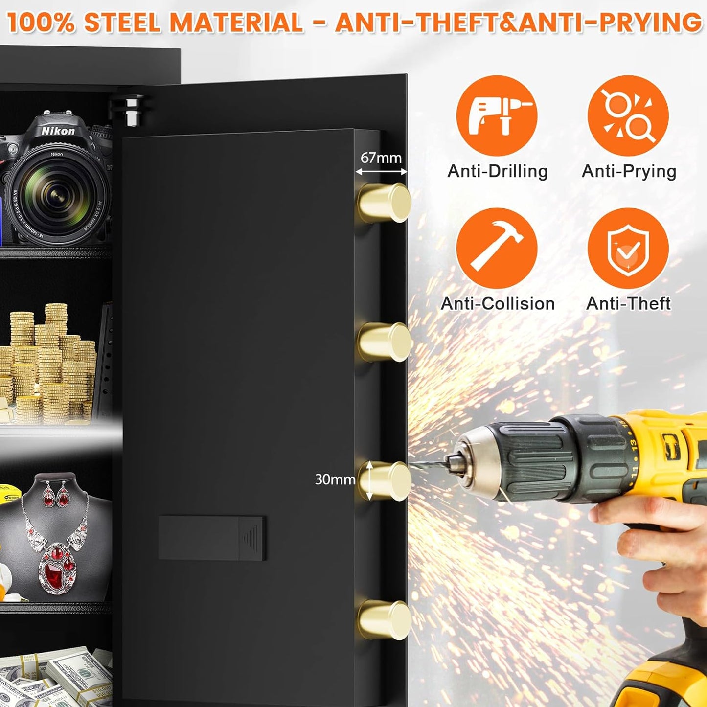 6.1 Cuft Large Fire proof Safe for Home Documents, Home Safety Box Fireproof Waterproof with Fireproof Bag, Digital Personal Security Safe with Electronic Keypad Keys and Removable Shelf