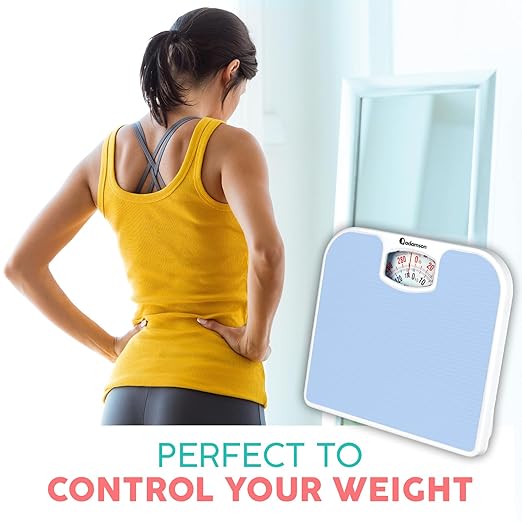 Adamson A21 Analog Scales for Body Weight - Up to 300 LB - New - Anti-Skid Rubber Surface + Large Numbers - Analog Bathroom Scale - Affordable - Durable with 20-Year Assurance - Light Blue