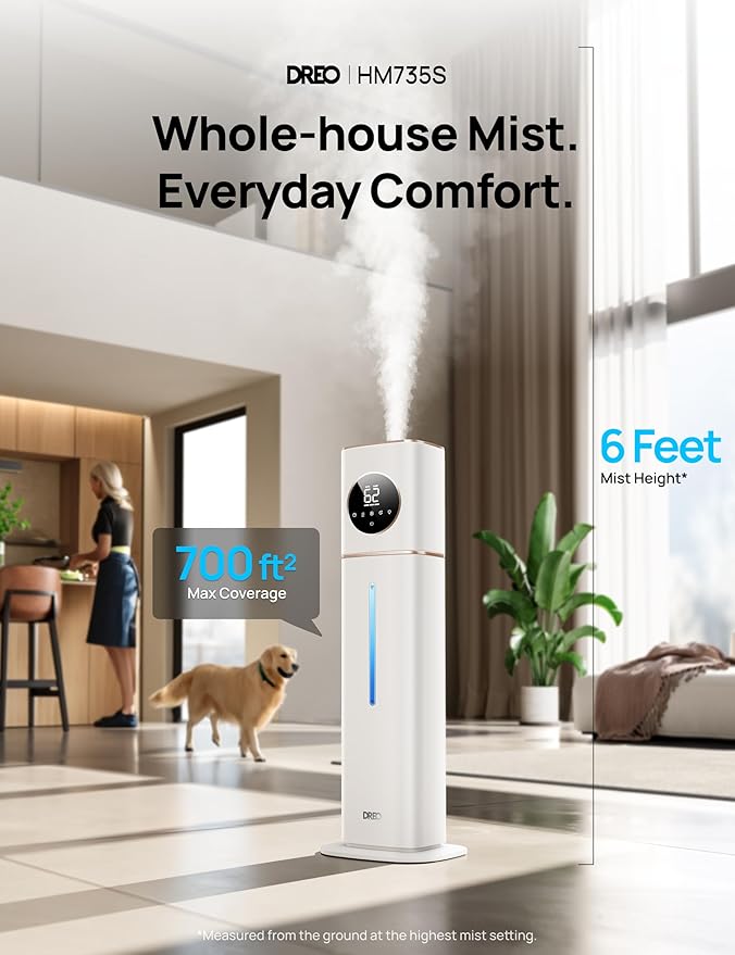 Dreo HM735S 11L Smart Humidifier Large Room 700 ft², 100H Cool Mist Air Humidifiers for Bedroom, Top-Fill Self-Cleaning Tank, 26dB, Auto Mode, Aroma Box, RGB Light, Remote & APP Control, Baby, White