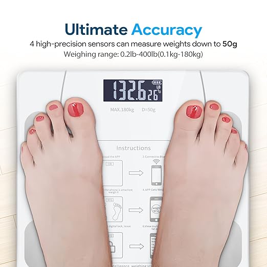 Digital Simple and Practical Body Fat Scale with Smartphone App, Bathroom Scale with Led Display - White