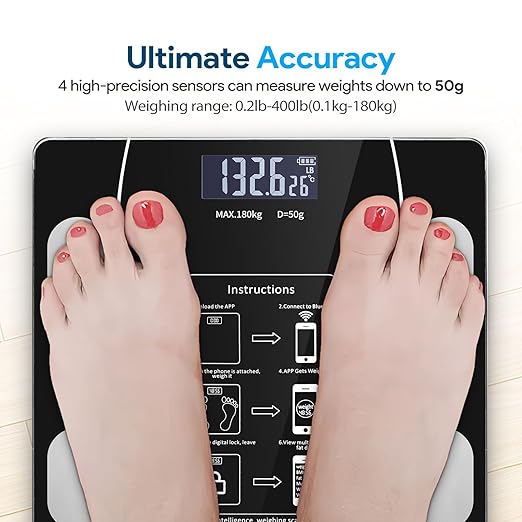 Digital Simple and Practical Body Fat Scale with Smartphone App, Bathroom Scale with Led Display (Black)