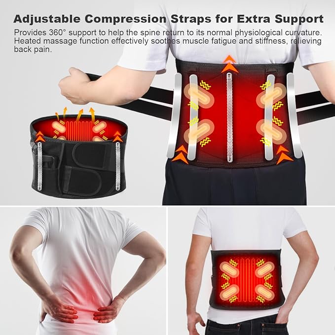 Cordless Heating Pad Back Massager Brace for Lower Back Pain Relief, Heated Back Brace Vibration Wrap with Rechargeable Battery, Warmer Lumbar Support Belt with Massage for Cramps (XL)