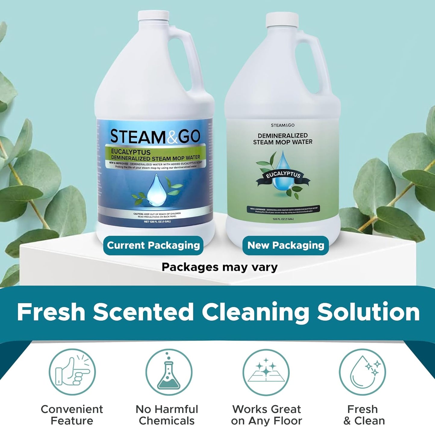 Steam & Go Demineralized Water - Multi-Surface Cleaning Solution for Steam Mop, Ready-to-Use Floor Cleaner, No PVC, Ideal for Home & Office, Compatible w/Any Mop - Eucalyptus Mint, 128oz, Pack of 1