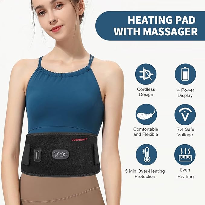CUEHEAT Heated Waist Belt - Cordless Heating Pad for Low Back, Electrical Heating and Massage, Rechargeable Battery Powered