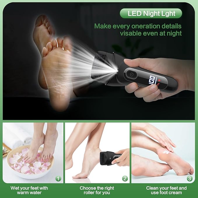 Electric Foot File Pedicure Feet Hard Skin Remover Foot Scraper Dry Dead Skin Remover Callus Exfoliator Rechargeable Feet Scrubber with 3 Replacement Rollers Foot Care Skin Removers, Black