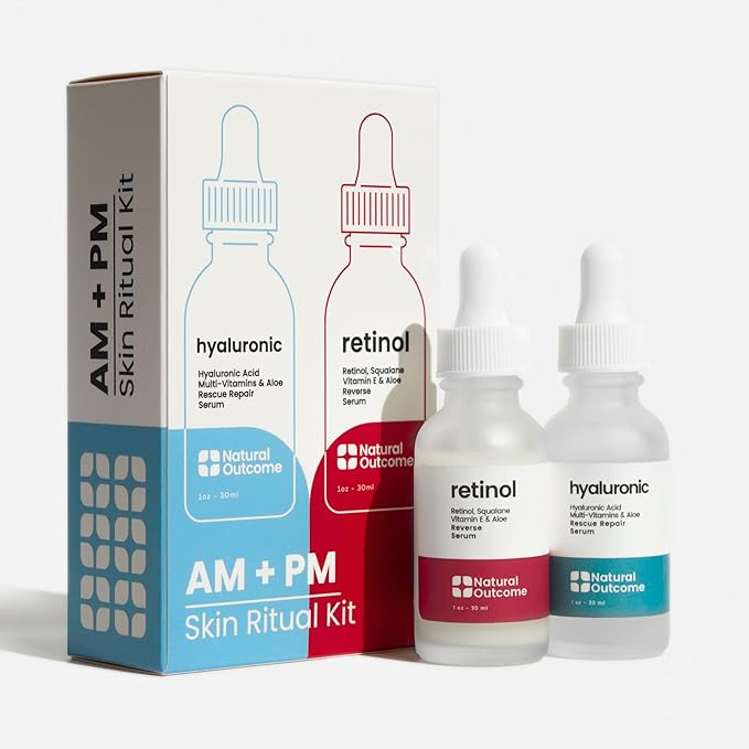 Natural Outcome Hydrating Hyaluronic Acid Serum and Retinol Facial Serum - Night and Day Anti Aging Facial Serum Set 1 oz Each, Vegan, Cruelty Free & Fragrance Free