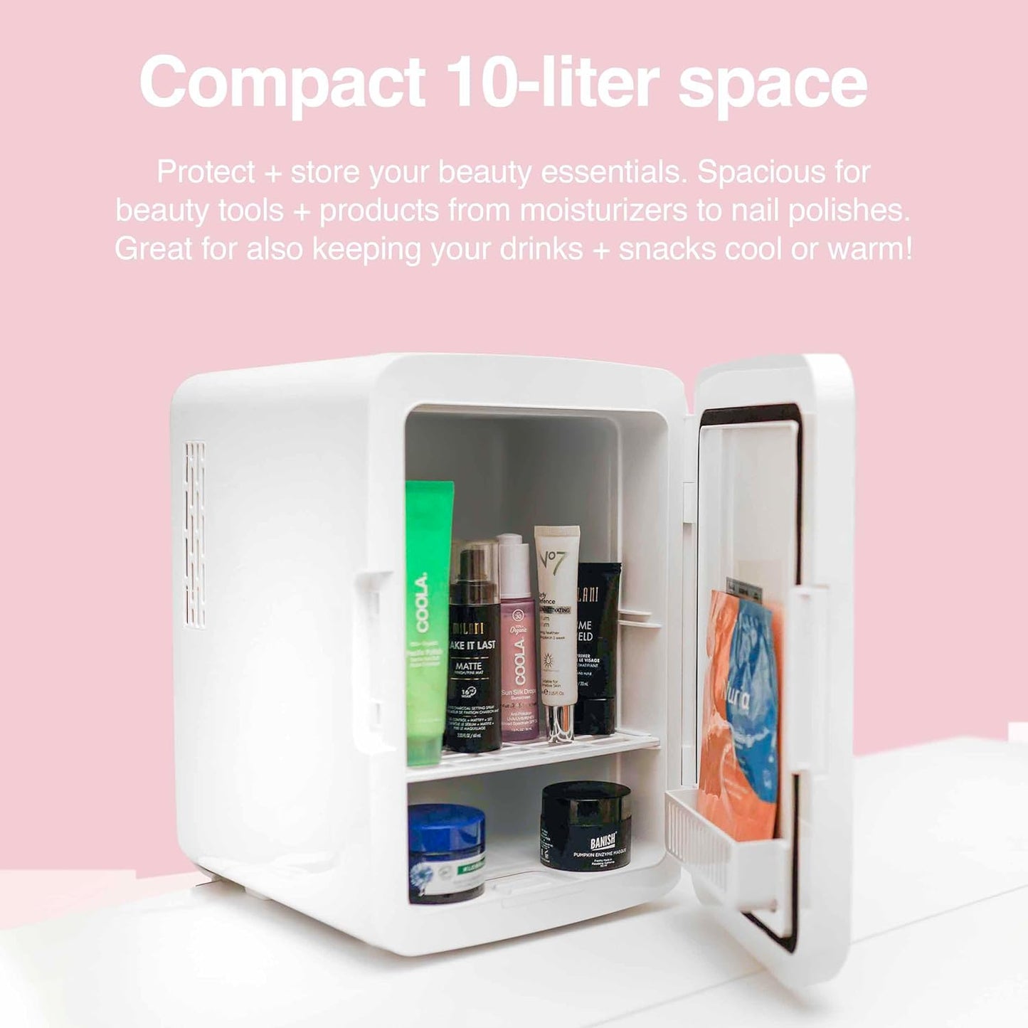 Cooluli Glow 10L Mini Skincare Fridge with Mirror & LED Light - Small Refrigerator for Skin Care, Makeup, Beauty, Cosmetics, Food & Drinks, White