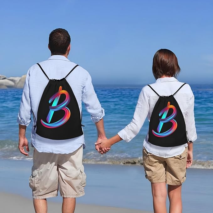 Drawstring Bags Initial Drawstring Backpack Sackpack Black Draw String Cinch Bags for Sports, Gym, Travel, Swimming, Beach, Camping, Rainbow Letter B