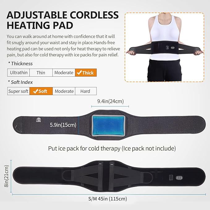 CUEHEAT Heated Waist Belt, Cordless Heating Pad for Low Back, Electrical Heating and Massage, Rechargeable Battery Powered (Black Upgraded,45 inches)
