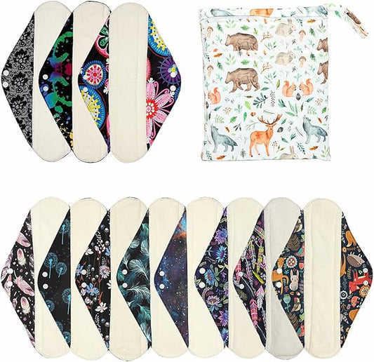 12 Pieces Cloth Menstrual Pads,Reusable Sanitary Pads,Size 14 inch Overnight,Unscented