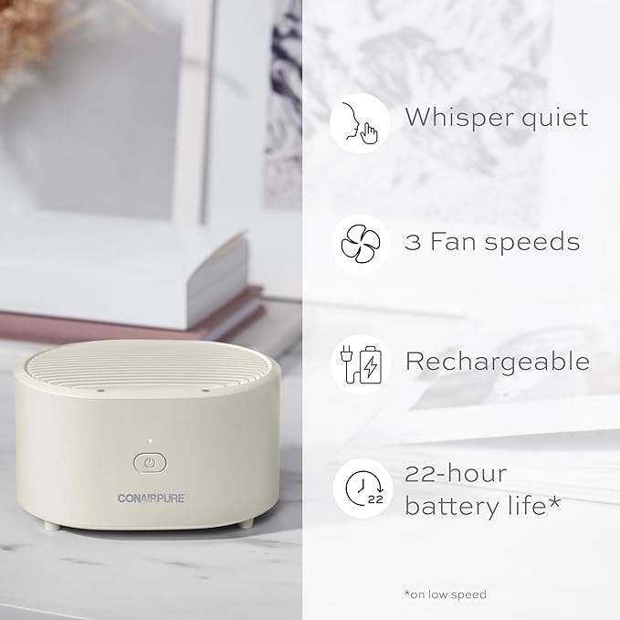 Conair Portable Small Air Purifier, Rechargeable Corded/Cordless, HEPA Air Filter, Allergy Relief, Dust, Pollen, Odor Control, Bedroom, Dorm Room, Small Room