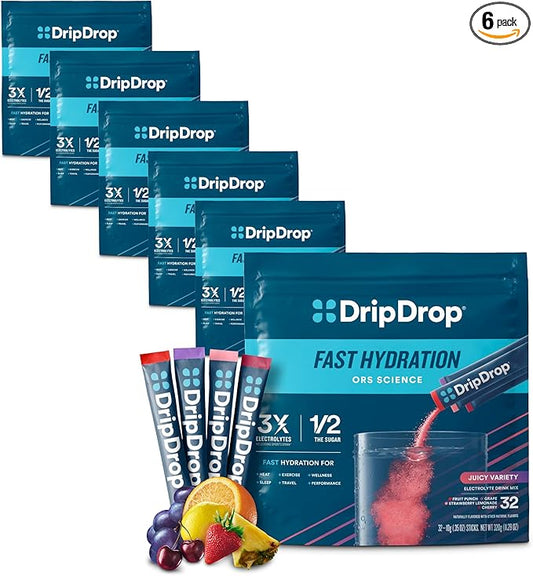 DripDrop Hydration Packets - Juicy Variety Pack - Single Serve Electrolytes Powder Drink Mix - Grape, Fruit Punch, Strawberry Lemonade, Cherry - Non-GMO, Gluten Free, Vegan - 192 Sticks
