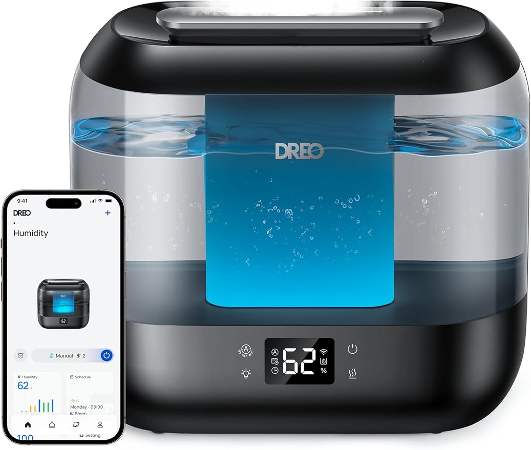 Dreo Smart Humidifiers for Bedroom, Top Fill 4L Supersized Cool Mist Humidifier with Nightlight, 32H Runtime, Touch/APP/Voice Control, 28 dB Quiet Ultrasonic Humidifiers for Large Room, Baby, Plants