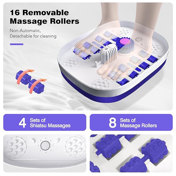 Collapsible Foot Spa Bath with Heat, Remote Control, Temperature Control, Bubbles, Pumice Stone, Red Light, Timer, 16 Massage Roller Pedicure Foot Spa for Relaxation and Stress Relief, Purple