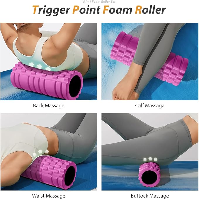5 in1 Foam Roller Set, Trigger Point Foam Roller, Massage Roller Stick, Massage Ball, Resistance Band for Deep Muscle Massage Pilates Yoga,Fitness Exercise for Whole Body (Pink-Black)
