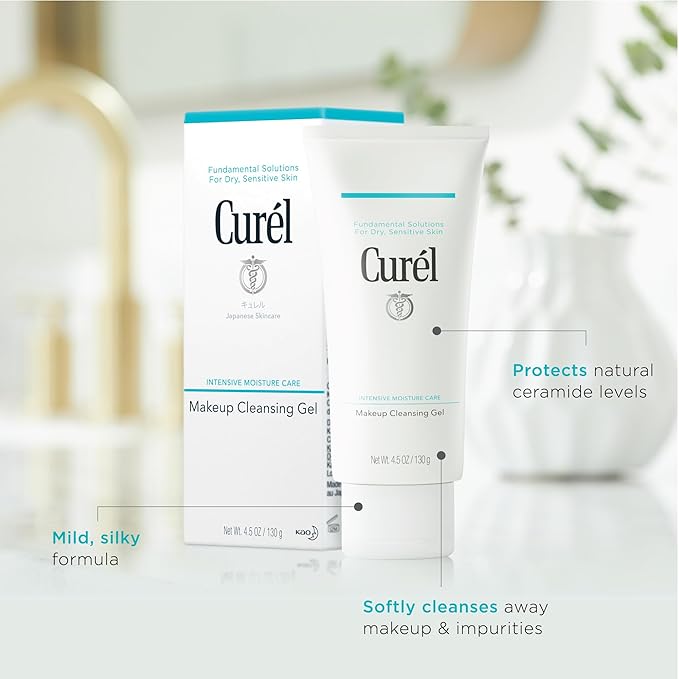 Curel Japanese Skin Care Makeup Cleansing Gel, Waterproof Eye Makeup Remover, Face Wash for Dry, Sensitive Skin, pH Balanced, Fragrance & Alcohol Free Facial Cleanser, Step 1 of 2, 4.5 Fl Oz