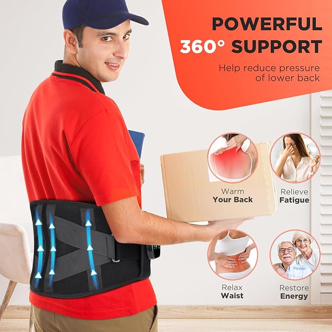 Cordless Heating Pad with Massager for Back, Portable Lower Back Massager, Wearable Heating Pads for Cramps with 5 Heats, Auto-Off, Heated Massage Support Brace Waist Belt
