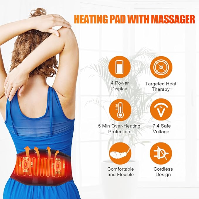 CUEHEAT Heated Waist Belt, Cordless Heating Pad for Low Back, Electrical Heating and Massage, Rechargeable Battery Powered (Black Upgraded,45 inches)