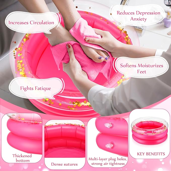 12 Pcs Foot Spa Kit for Girls 13.8 x 13.8 x 6.7 Inch Foot Care Bath and 12 x 28 Inch Hand Towels Washbasin Salon Towels for Spa Party Sleepover Party Supplies, Rose Red