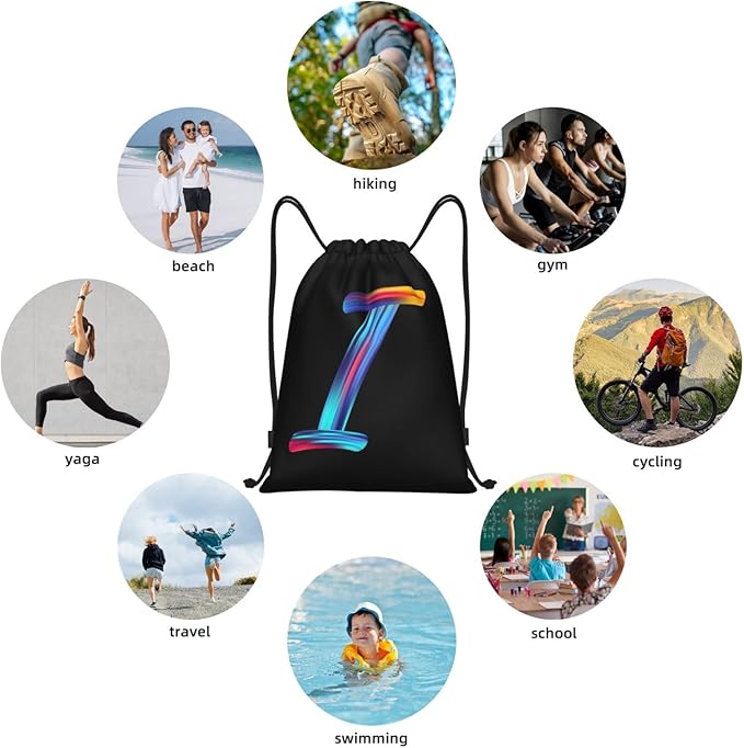 Drawstring Bags Initial Drawstring Backpack Sackpack Black Draw String Cinch Bags for Sports, Gym, Travel, Swimming, Beach, Camping, Rainbow Letter I