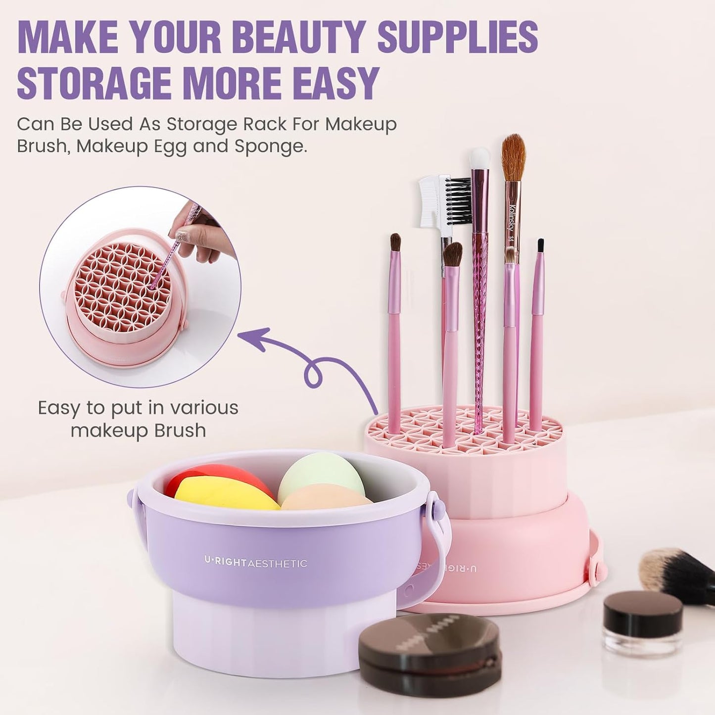 2 Pack Makeup Brush Cleaner Mat 3 in 1 Silicone Makeup Brush Cleaner Makeup Brush Cleaning Bowl Makeup Brush Sponge Scrubber Tool for Cleaning, Storage And Upside Down Drying（Two Pink)