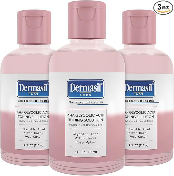 Dermasil AHA Glycolic Acid Toning Solution 3-Pack – Exfoliating Toner for Face with Rose Water, Witch Hazel, and Hyaluronic Acid, 4 Oz Ea