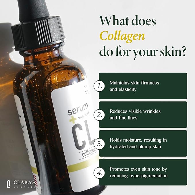 CLARA'S NEW YORK Glycolic Acid Facial Serum with Vitamin E for Exfoliating Smoothing Glowing Face Skin - Made in USA 30ml (1Fl/Oz) (Collagen)