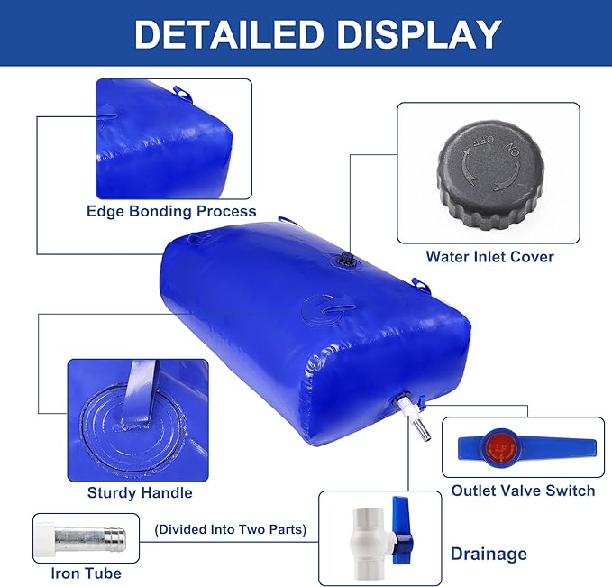 400 L/100 Gal Water Bladder Tank, Foldable Portable Water Storage Container, Emergency Water Bag for RV, Truck Bed, Fire Prevention, Drought Resistance, Blue