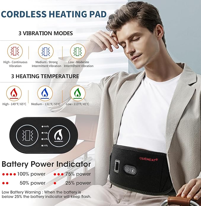 CUEHEAT Heated Waist Belt - Cordless Heating Pad for Low Back, Electrical Heating and Massage, Rechargeable Battery Powered