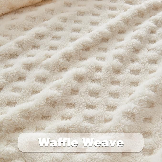 NEWCOSPLAY Super Soft King Blanket Ivory Premium Silky Flannel Fleece 3D Waffle Checkered Lightweight Bed Blanket All Season Use (Ivory, King(90"x110"))