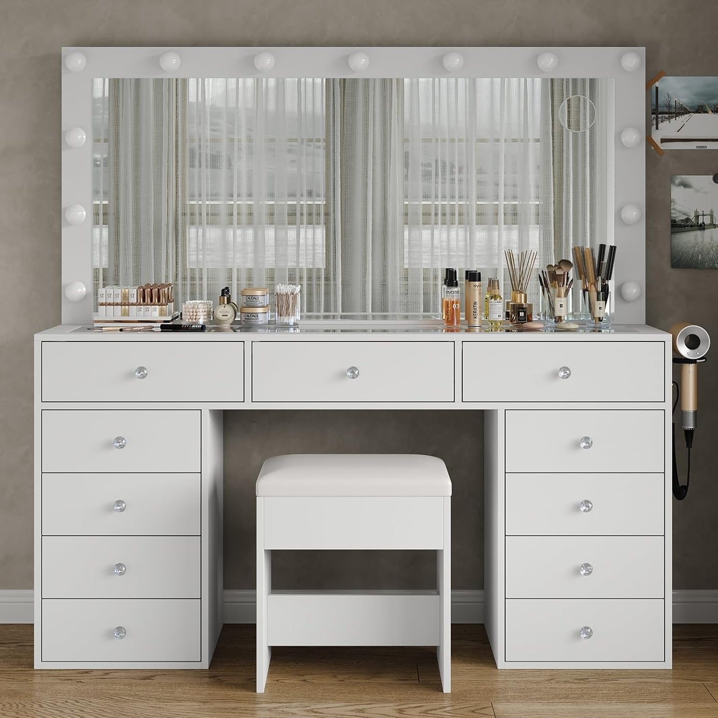 11 Drawers Makeup Vanity with Charging Station, Vanity Desk with 13 LED Bulbs and HD Mirror, 3 Color Brightness Adjustable, Glass Top Vanity Set for Bedroom, White
