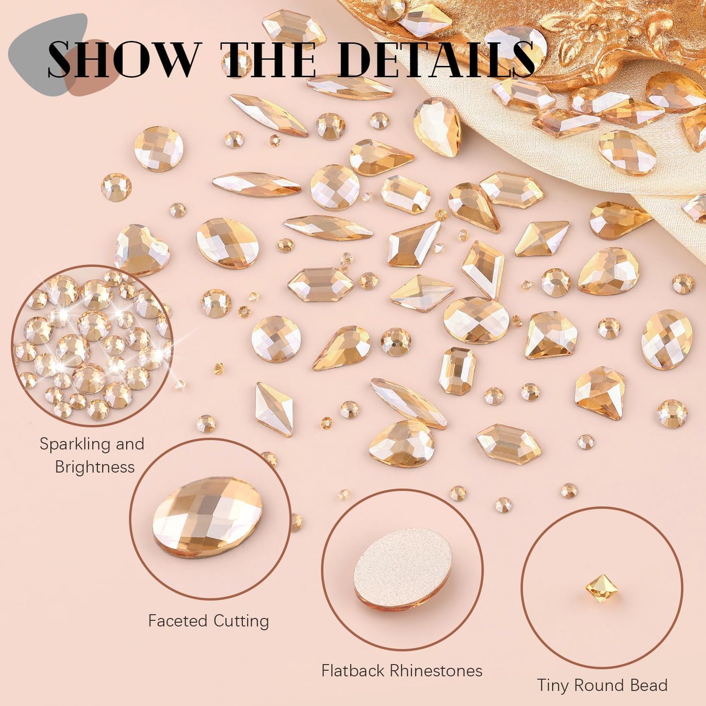 2060Pcs Champagne Gold Glass Nail Rhinestones 60Pcs Multi Shapes Flatback Nail Gems +2000Pcs 1.5-4mm Round Crystal with Rhinestones Glue Gel, Manicure Nail Charms Diamond Gemstones for Nail Art