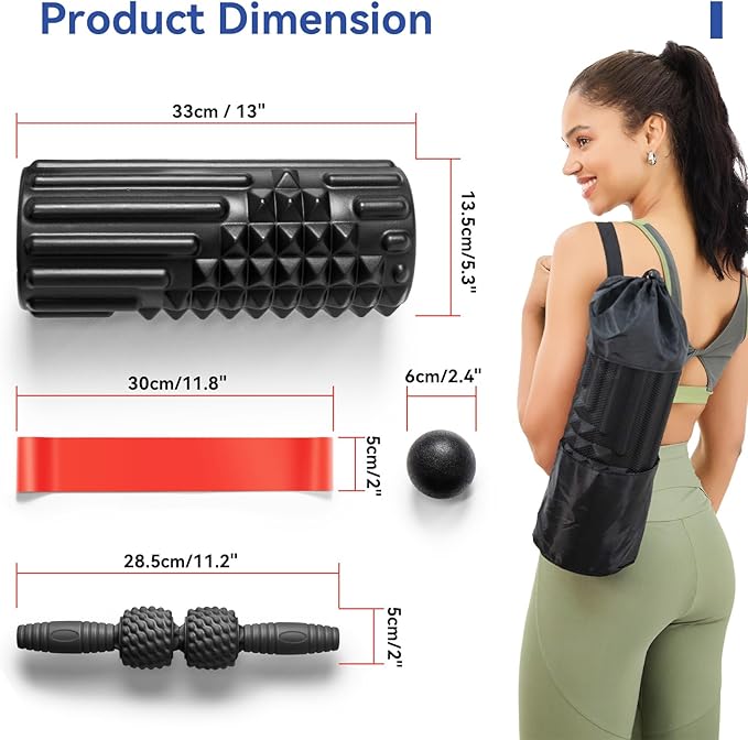 5 in 1 Foam Roller Set - Back Roller Foam, Muscle Roller Stick, Massage Ball, Resistance Band for Physical Therapy & Deep Tissue Muscle Massage (Black)