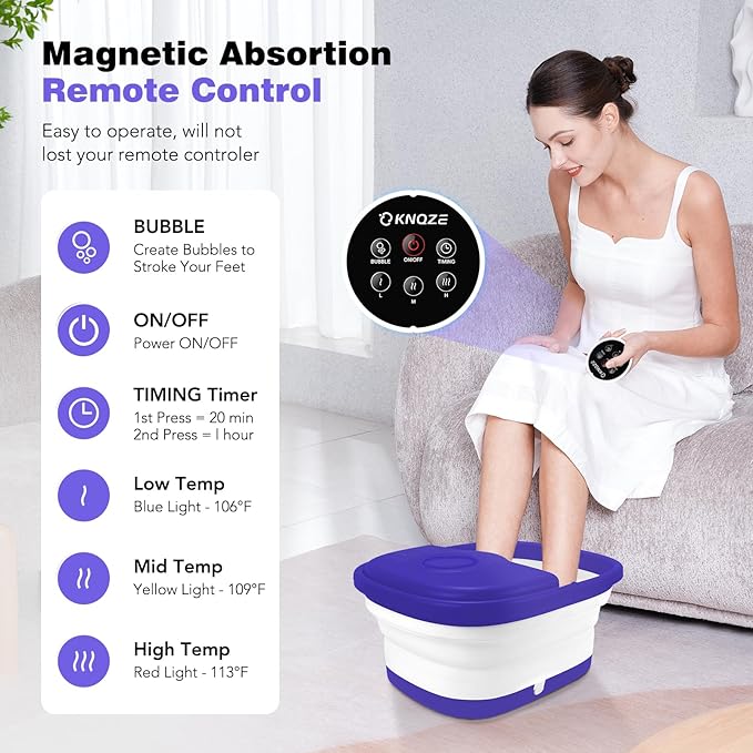 Collapsible Foot Spa Bath with Heat, Remote Control, Temperature Control, Bubbles, Pumice Stone, Red Light, Timer, 16 Massage Roller Pedicure Foot Spa for Relaxation and Stress Relief, Purple
