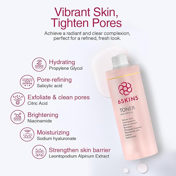 6SKINS® Pore Refining Toner for Face with Salicylic Acid (BHA) & Glycolic Acid (AHA) - Hydrating Korean Skin Care Face Toner for Women - Pore Minimizer for Face, Brightens & Moisturizes Skin - 150 ml