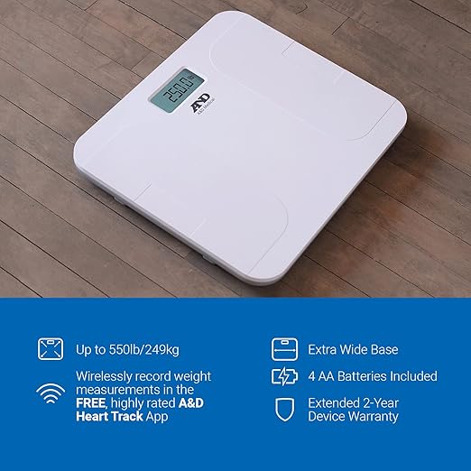 A&D Medical Digital Body Weight Scale, UC-356BLE Bluetooth Bathroom Weight Machine, UltraWide Platform and Large Display, Syncs with A&D App,550lb (249kg), Batteries Included, FSA/HSA Eligible, White