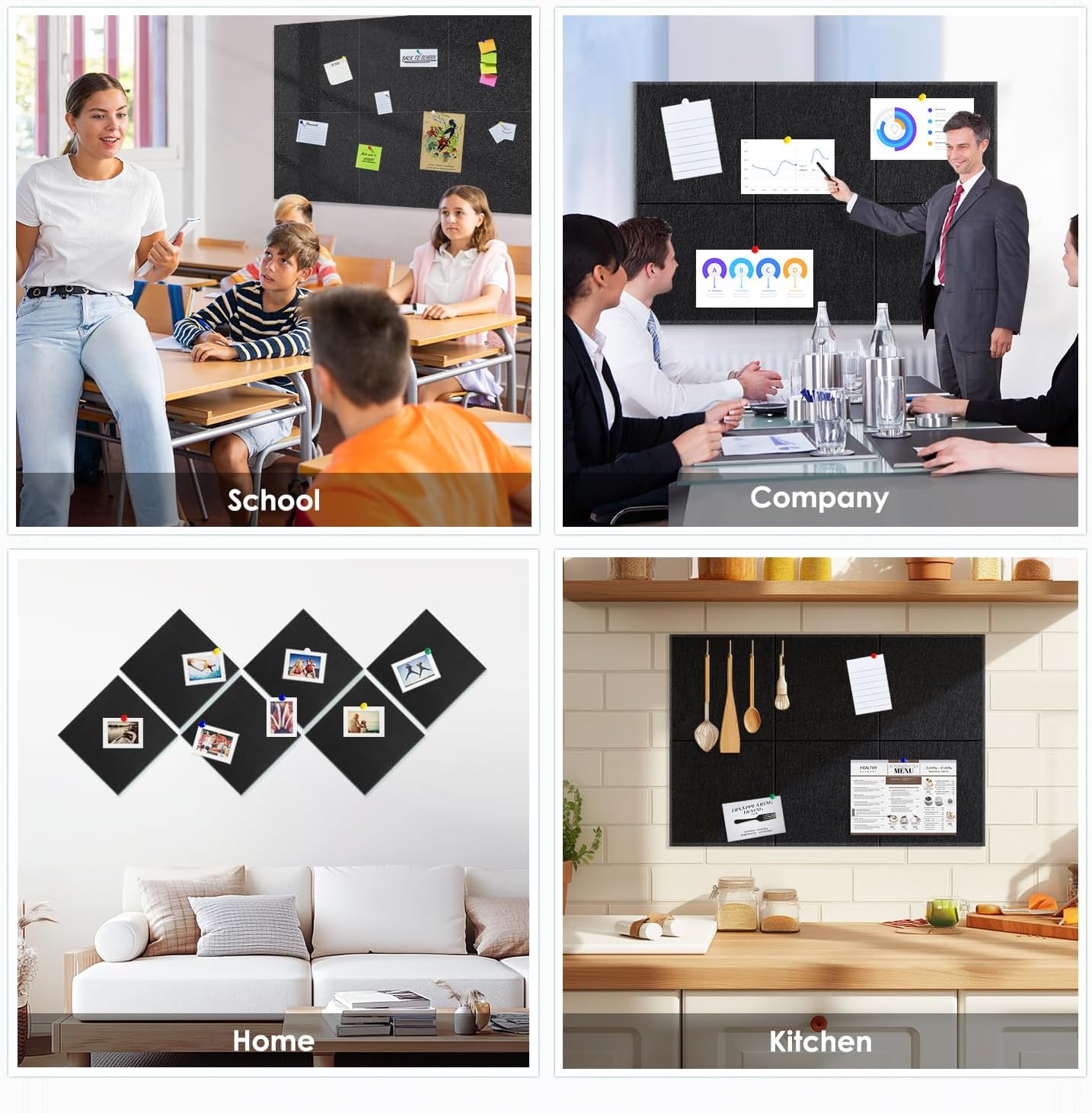 Cork Board for Wall,36"x24" 6 Pack Felt Wall Tiles with Safe Removable Adhesive Tabs,Bulletin Board for Home Office Kitchen,Pin Board Notice Board for Photos Memos,Black